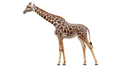 Graceful Giraffe in Profile: A towering giraffe, with its distinctive patterned coat and long neck, stands tall in a serene pose, showcasing the elegance and majesty of the African savanna.