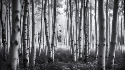 Fototapeta premium Birch tree trunks against a black and white setting