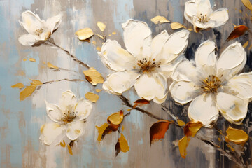Oil painting in boho style, 3D effect. Vintage illustration with white flowers with golden lines on light brown background.
