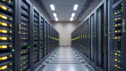 Server room equipped with computer racks and internet