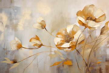 Oil painting in boho style, 3D effect. Vintage illustration with white flowers with golden lines on light brown background.