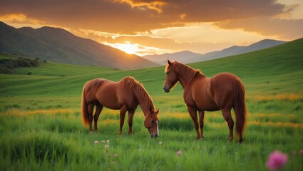 Obraz premium Mustangs and wild horses enjoy grazing in unspoiled alpine meadows. The meadows are vibrant with flowers, set against beautiful forest peaks during a warm summer sunset.