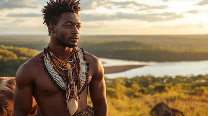 An African man in a traditional tribal outfit standing in a natural landscape