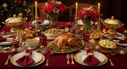 Festive dinner lavish spread. Table with turkey, side dishes, red flowers, candles. Warm glow