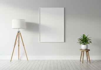 Interior with blank frame, lamp, and plant for mockup purposes. use cases: art display, poster presentation, interior design showcase.