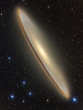 Cosmic Sombrero Galaxy: A breathtaking view of the Sombrero Galaxy (M104), a spiral galaxy seen edge-on, displaying its bright core and prominent dust lane.