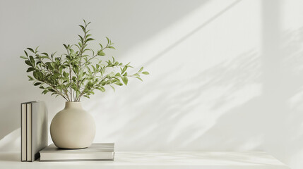 Mockup ceramic vase of houseplant with book on white minimal background