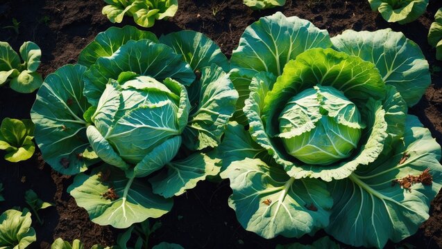 Cabbage plants thriving in the garden. Cabbage foliage consumed by pests. Bird's eye view