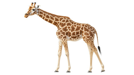 Fototapeta premium Towering Grace: A singular giraffe gracefully displays its patterned coat and towering stature against a clean backdrop. Capturing the essence of its elegance and majestic poise.
