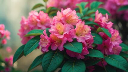 Radiant pink azalea flowers thrive on an azalea shrub accompanied by a beautiful background and foliage.