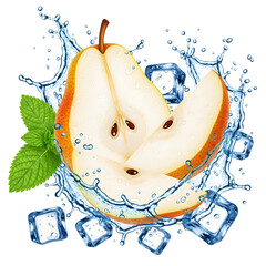 Fresh Pear Slices with Water and Ice Cubes, isolated on transparent background. AI Generative 