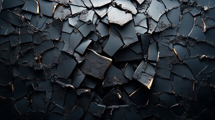 Fototapeta premium close-up view of cracked, dry surface, with deep fissures and a dark, textured surface. The stark contrast and intricate patterns highlight the harshness and beauty of natural landscapes.