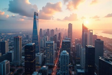 Fototapeta premium Sleek modern skyscrapers dominate the city skyline, reflecting sunlight in a breathtaking urban panorama Perfect for corporate, real estate, and architectural projects , investment, steel