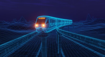 Futuristic monorail glides across a wireframe landscape at night