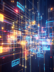 Obraz premium Digital Network: Capturing the complex interconnectivity of a digital network, with glowing lines of data, showcasing the depth and breadth of technological innovation. 