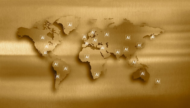 Digitally generated image of AI signs on world map