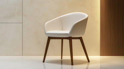 single modern white chair furniture with wood legs and minimal copy space background