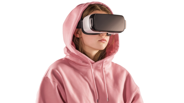Young woman wearing a pink hoodie and vr headset is experiencing virtual reality world immersion isolated on transparent background