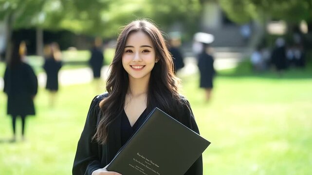 Artful over-the-shoulder shot of a graduate holding her scroll behind her back, standing on a lush green campus lawn with scattered caps in the background