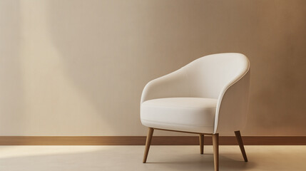 single modern white chair furniture with wood legs and minimal copy space background
