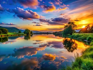 Obraz premium Serene Twilight River: Calm Water, Distant Landscape - Peaceful Nature Photography