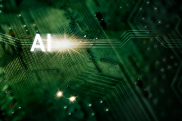 "AI" symbol and star burst superimposed over green computer board