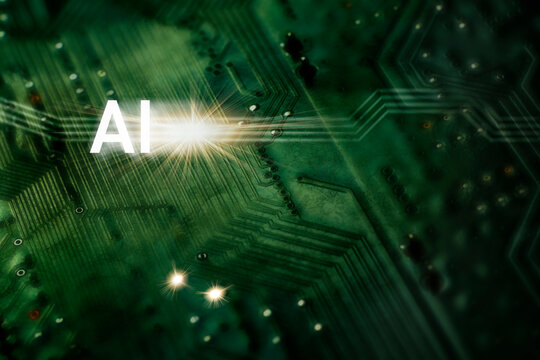 "AI" symbol and star burst superimposed over green computer board