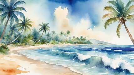 Obraz premium A Watercolor of sunny tropical beach scene with palm trees and blue ocean flowing waves.