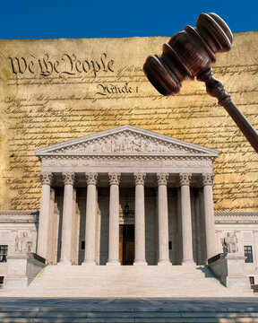 Supreme Court building and Declaration of Independence and gavel