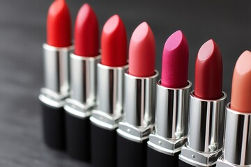 Obraz premium Set of lipsticks standing on dark wooden table forming a diagonal line