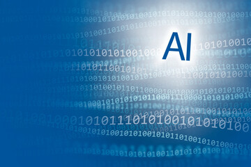 "AI" symbol floating on a blue background with binary numbers