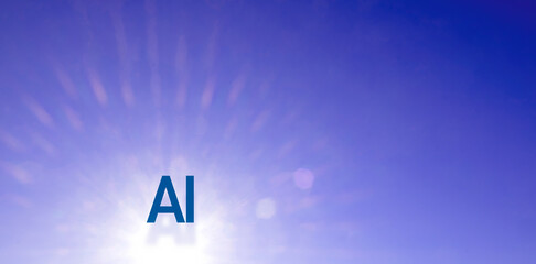 "AI" symbol floating on dramatic sky background