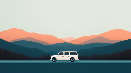 Fototapeta premium A minimalist illustration of a white SUV driving through scenic mountains at sunset.