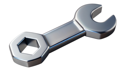 Close up of a shiny metallic wrench with an open end and a hexagonal opening on the other end isolated on transparent background