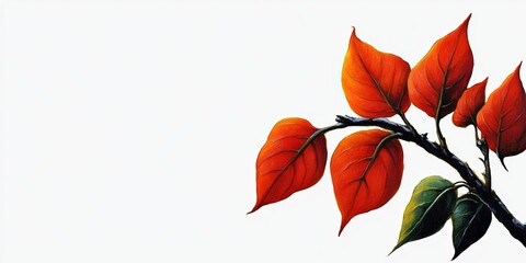 Fototapeta premium Isolated botanical leaves adorn a white background. Autumn foliage in orange and red hues. Natures vibrant art, elegant design, and textured illustration. Perfect for botanical themes.