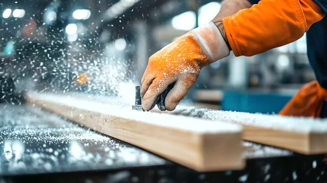 Workshop scene of a man in gloves adjusting the angle of a compound miter saw, wooden beams aligned for perfect cuts, gritty industrial surroundings adding texture
