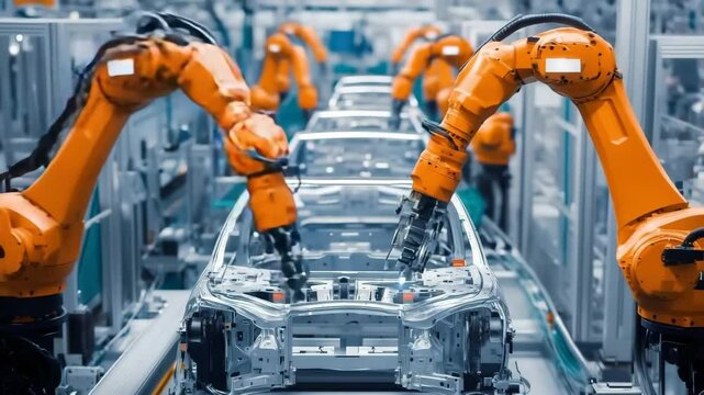 Automated car production line with robotic arms welding vehicle chassis in a modern factory. Concept of Industry 4.0.