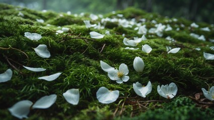 Moss-covered ground adorned with fallen cherry blossom petals.