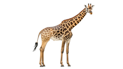 Fototapeta premium Giraffe Portrait: Majestic giraffe standing against a plain background. Its long neck and spotted coat are clearly visible.