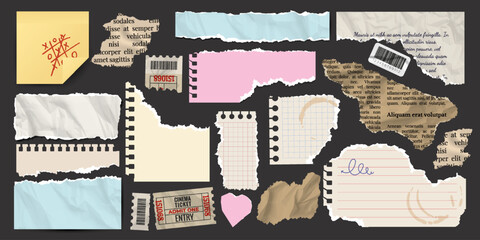 Set of torn paper. Notepad sheets, scraps of notebook page, torn crumpled old letter, newspaper and movie tickets. Vector design template in aged style.