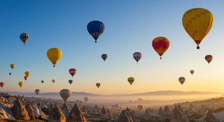 Naklejka premium Hot air balloons float over a unique landscape under a clear blue sky at sunrise
