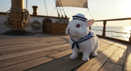 Adorable White Rabbit in Sailor Outfit on Wooden Ship Deck at Sunset
