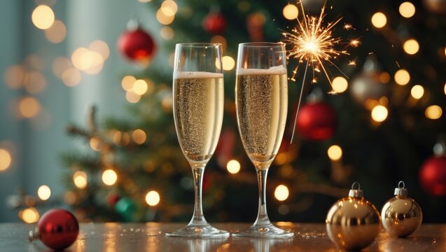 Champagne flutes alongside a sparkler, with an ornamental background