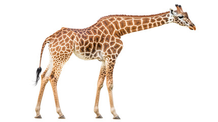 Fototapeta premium Elegant Giraffe isolated: A tall and elegant giraffe, showcasing its unique patterned coat, isolated and gracefully positioned, evoking a sense of wonder and the beauty of wildlife.