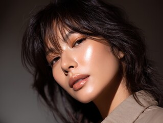 Naklejka premium Leeyongjay 2025, a portrait of a beautiful Asian woman with cinematic lighting and glossy skin, casting a soft glow upon her face in a contemplative pose.