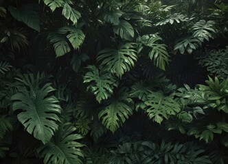 Dense, interwoven tropical leaves create a thick, shadowed forest interior ,  dark green,  green,  botanical