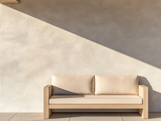 Minimalist beige sofa against a textured wall with soft shadows in warm sunlight