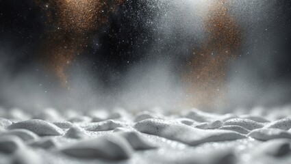 Abstract background of shiny glitter in black, dark gray, and brown on a white cosmic canvas with twinkling stars and a rough, grainy texture.