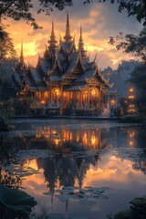 Fototapeta premium Serene Thai temple at sunrise with ornate spires