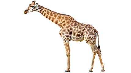 Fototapeta premium Graceful Giraffe in Profile: A stately giraffe, its long neck extended, stands tall with its patterned hide gracefully detailed.